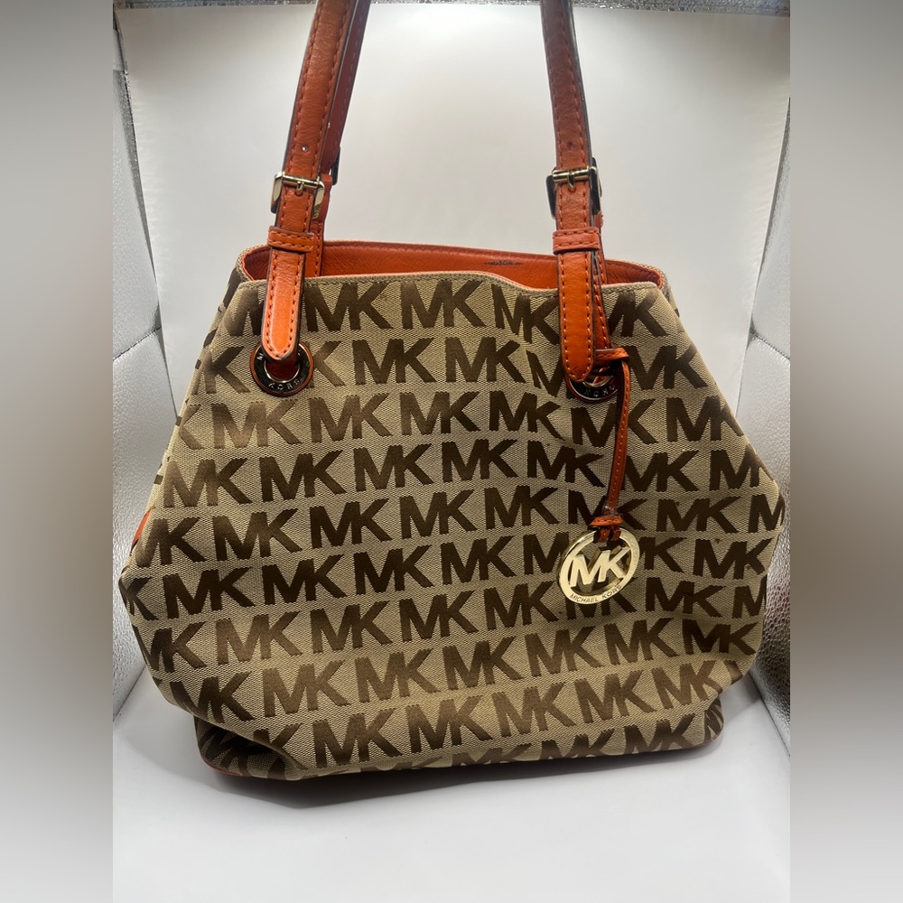 Michael Kors Beige Logo Pattern Bag with Orange Leather and Gold Hardware
